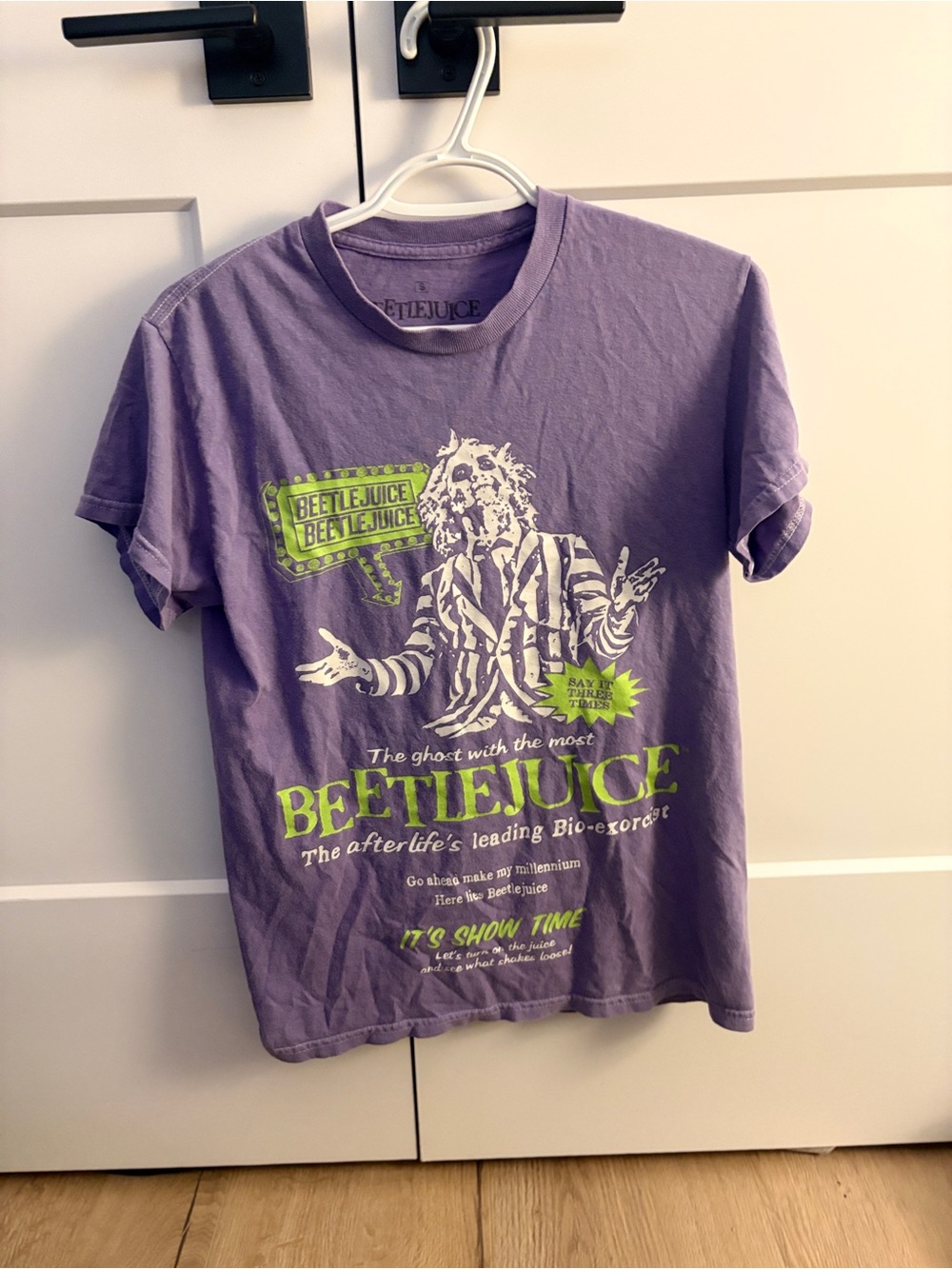 Hot Topic Purple Beetlejuice Graphic Tee with Neon Green Print